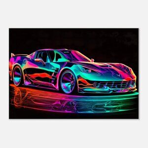Chevy Corvette Abstract Neon Design Super Sports Fast Car Canvas, Wall Art